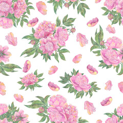 Seamless pattern with beautiful peony flowers and leaves isolated on white.