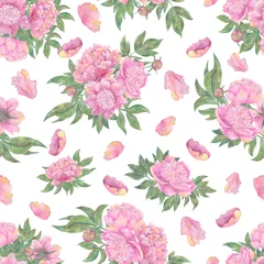 Fotobehang Seamless pattern with beautiful peony flowers and leaves isolated on white. © samiramay