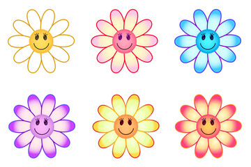 Fototapeta na wymiar Set of colorful fllowers. Collection of smiling chamomiles in different colors and gradients. Smile flowers isolated on white background.
