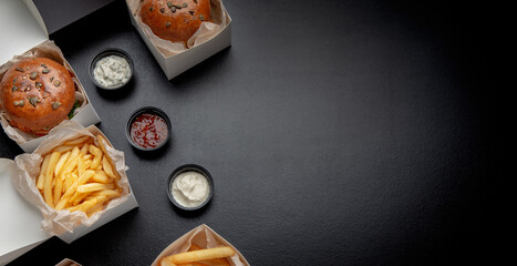 Set of fast food, takeaway order, eat takeout and delivery at home or workplace