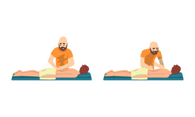Masseur Massaging Patients Set, Beauty Salon Procedure, Spa Treatment, Chiropractic Massage, Rehabilitation Vector Illustration