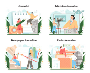 Journalist concept set. Newspaper, television and radio journalism.