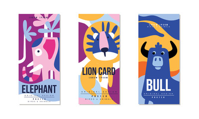 Fototapeta premium Animals and Birds Colorful Posters Set, Elephant, Lion, Bull Banner, Card, Cover, Broshure Template Design Vector Illustration