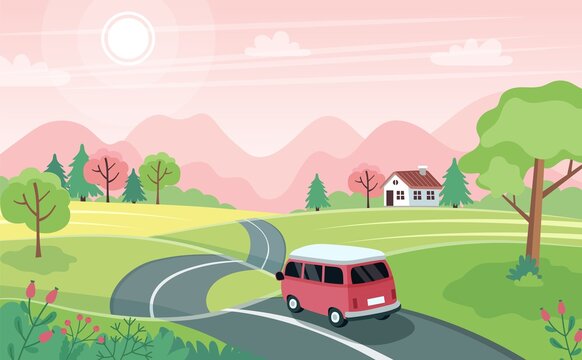 Spring road trip. Landscape with a cute car on the road. Vector illustration in flat style