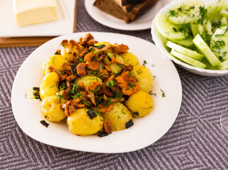 baked  potatoes with chanterelles, served with herbs on white plate