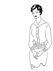 Black and white drawing of female model of the last century on a white background.