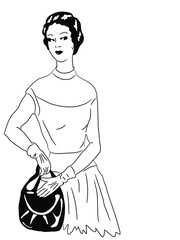 Black and white drawing of female model of the last century on a white background.