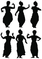 Collection of silhouettes Oriental dances of women on a white background.
