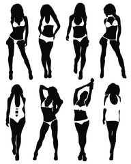 Collection of silhouettes of girls in bathing suits on a white background.