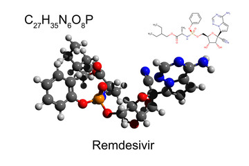 Chemical formula, skeletal formula and 3D ball-and-stick model of remdesivir, an antiviral drug efficient against Covid-19, white background