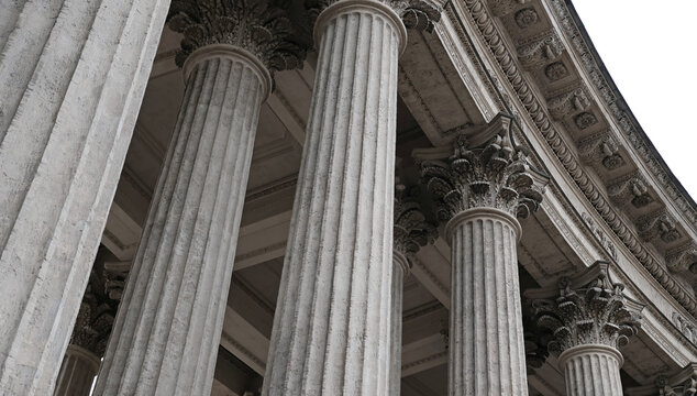 Classic architectural column. Details of the architecture of a historical building. Element of exterior building with columns and Stucco molding on the ceiling of Cathedral in St. Petersburg, Russia.