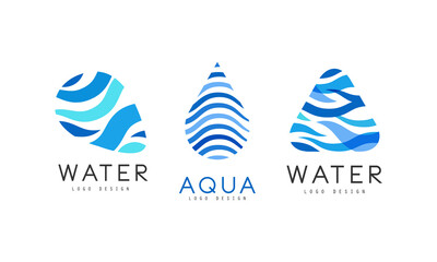 Water Logo Design Set, Aqua Blue Badges, Natural Mineral Aqua Labels Vector Illustration