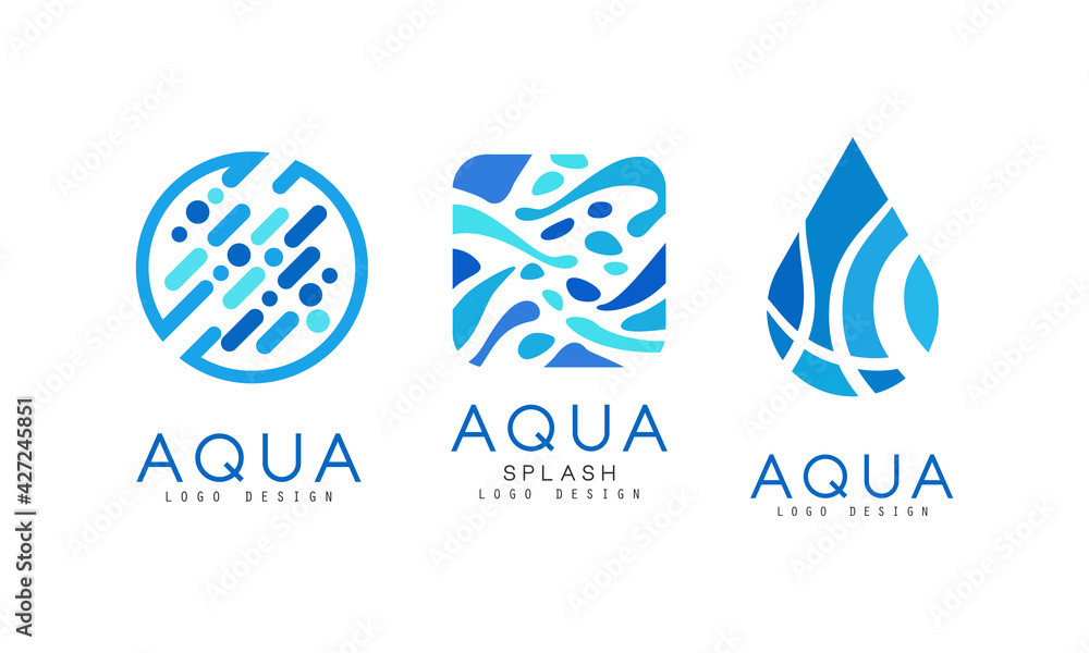 Wall mural Aqua Splash Logo Design Set, Clear Water Natural Blue Badges, Labels Vector Illustration