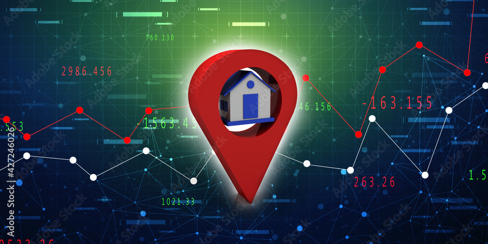 Poster 3d illustration search for property.a map with large red gps pointer containing