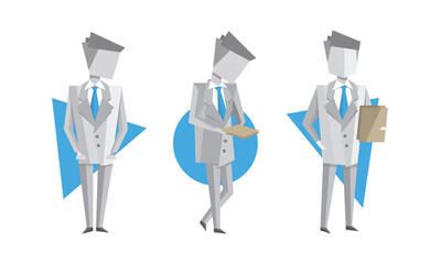 Monochrome Businessman Character with Geometric Shapes Set Flat Vector Illustration