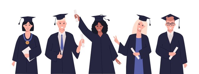 Group of multicultural students celebrate university graduation. Happy teenagers in academic gowns with diplomas. Graduation celebration concept. Vector flat style illustration