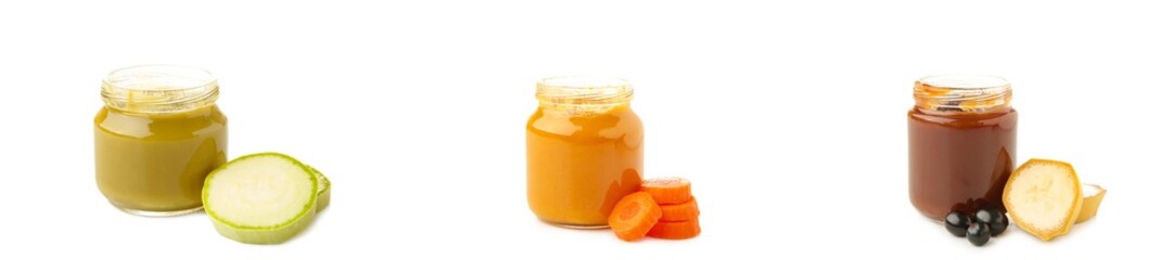 Set with different jars of baby food on white background, banner design