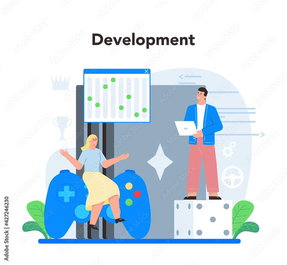 Poster video game development concept. creative process of a computer game