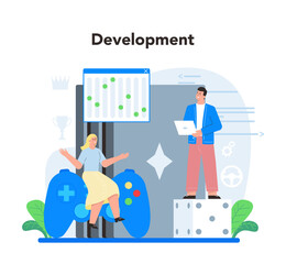 Video game development concept. Creative process of a computer game