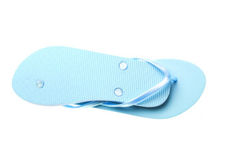 Blue plastic flip-flops isolated on a white background.