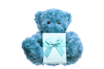 Toy teddy bear holds gift box with bow isolated on white background.