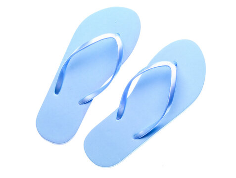 Blue plastic flip-flops isolated on a white background.
