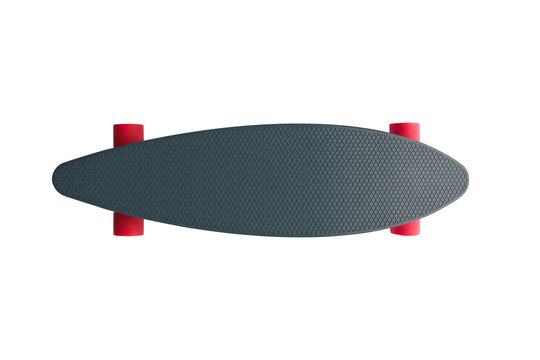 Skatebord photo top view. Symmetric board, one object, black color with red wheels. Studio shot, cut out on a white background, with copy space. 