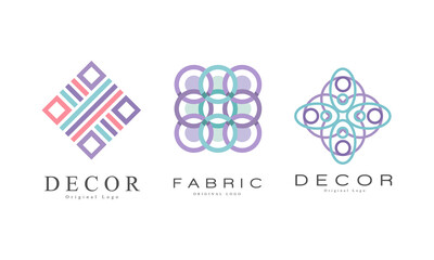 Decor Logo Design Set, Textile Business Logo Identity Labels, Tailor Shop, Sewing, Tailoring Industry, Fashion Designer Badges Flat Vector Illustration