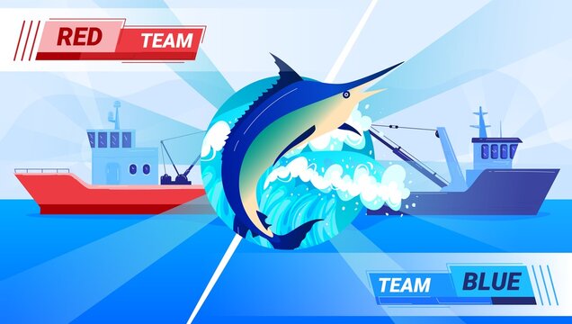 Blue ship against red, fishing competition, international industrial trade, fishing transport, cartoon style vector illustration.