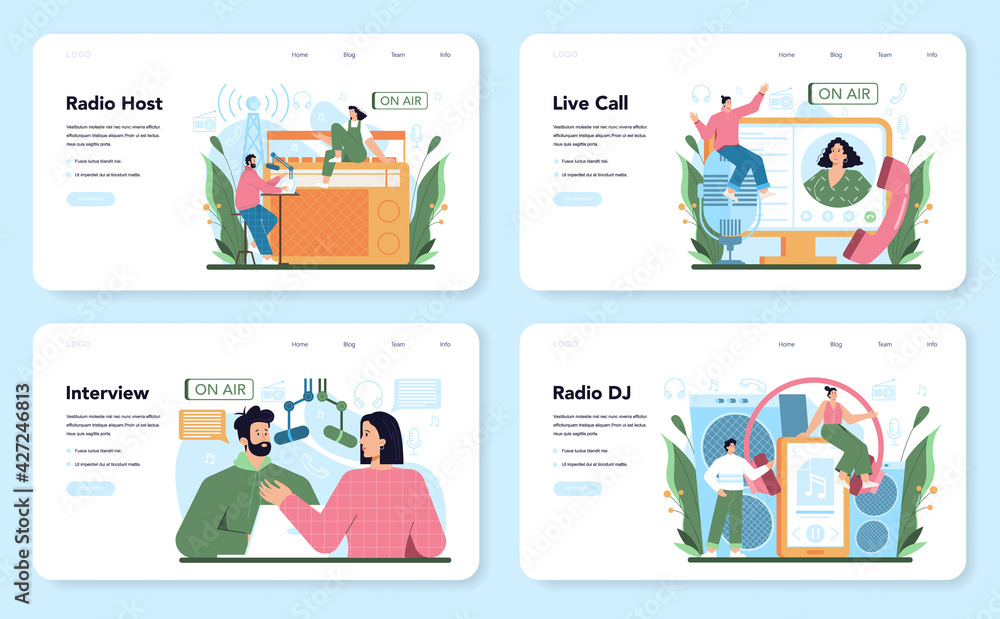 Aufkleber radio host web banner or landing page set. idea of news broadcast in the studio