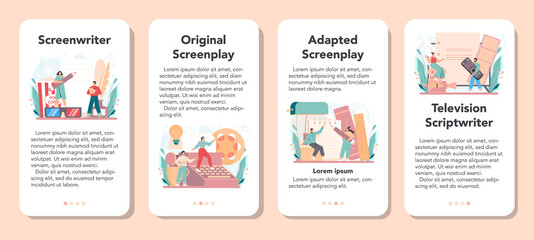 Naklejka premium Screenwriter mobile application banner set. Person create a screenplay