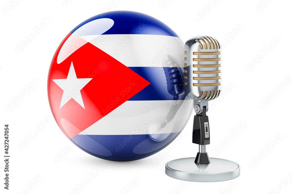Poster music of cuba concept. retro microphone with cuban flag. 3d rendering