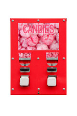 Old vending machine for candies, filled with pink heart drops, isolated on white background