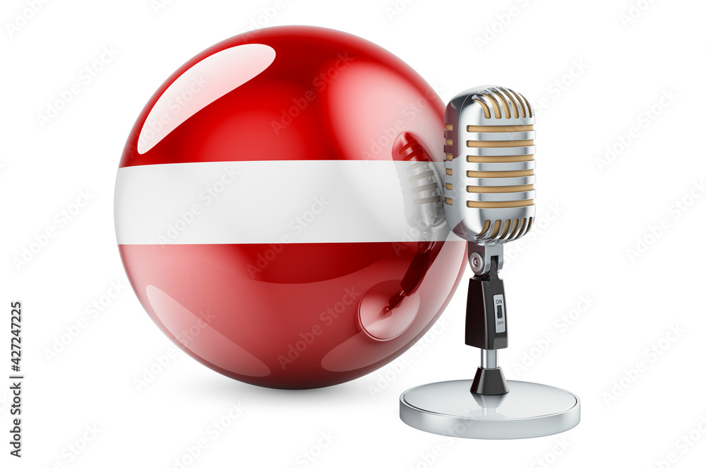 Poster music of latvia concept. retro microphone with latvian flag. 3d rendering