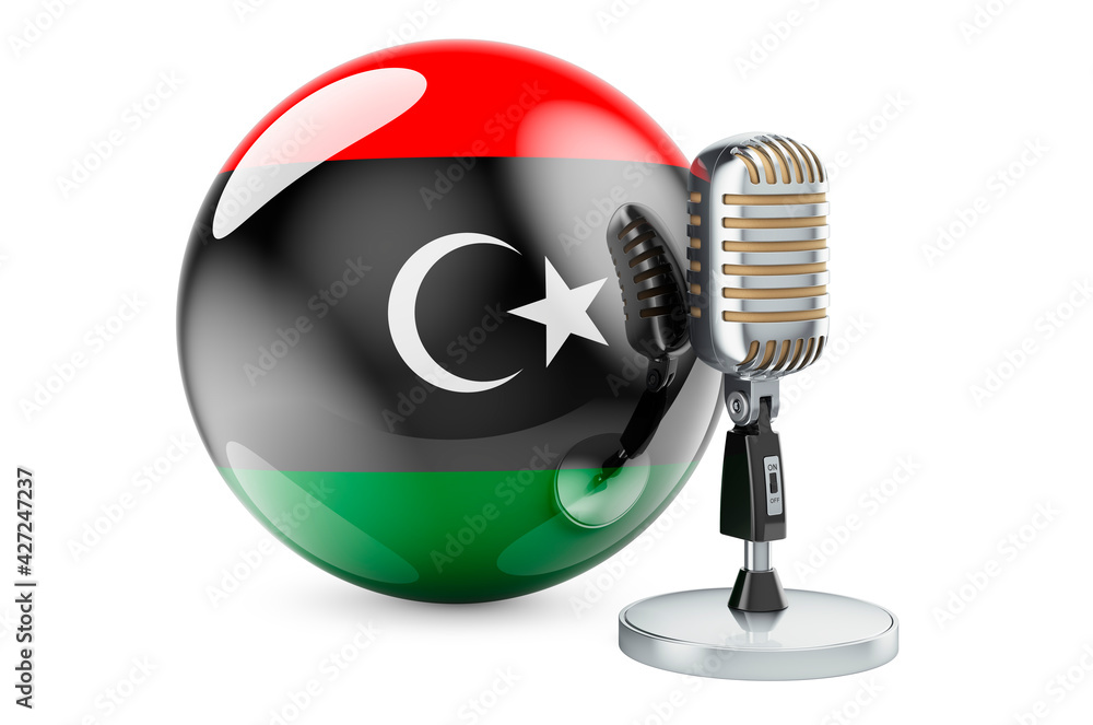 Poster music of libya concept. retro microphone with libyan flag. 3d rendering