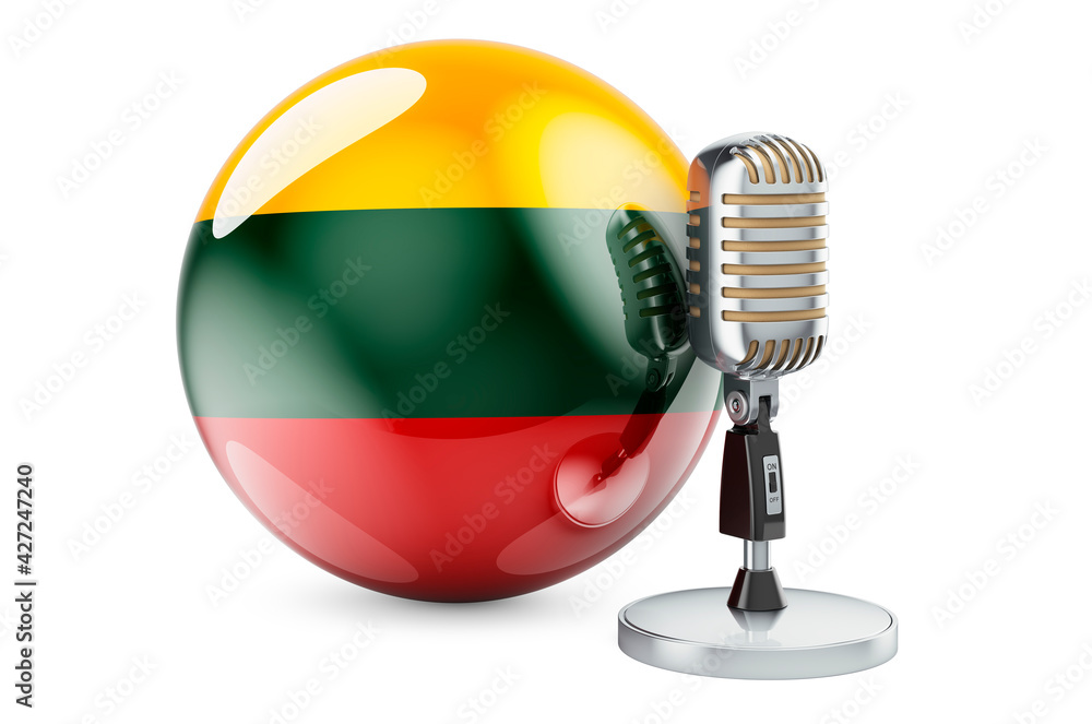 Poster music of lithuania concept. retro microphone with lithuanian flag. 3d rendering