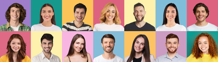 Composite set of young people expressing positive emotions, panorama