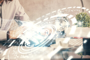Multi exposure of man's hands holding and using a digital device and data theme drawing. Innovation concept.