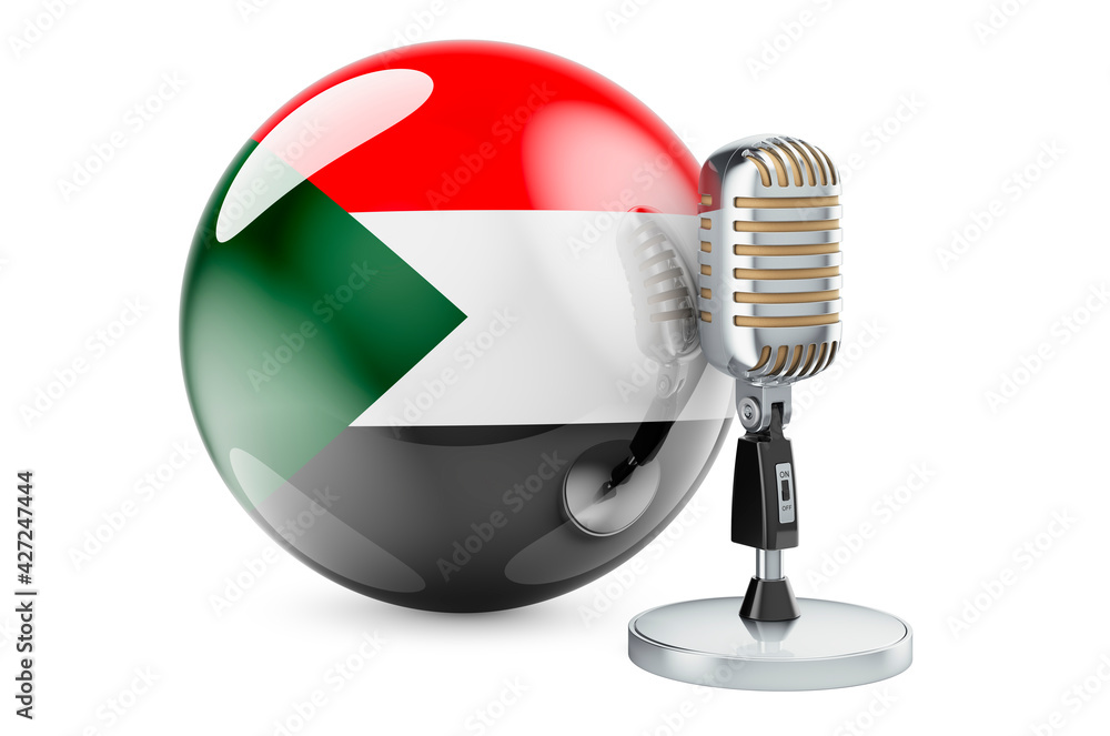 Poster music of sudan concept. retro microphone with sudanese flag. 3d rendering