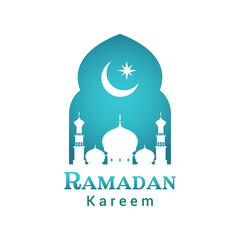 Ramadan Kareem logo greeting card vector. Mosque view inside islamic door