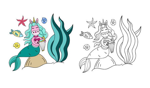 coloring book with a unicorn mermaid