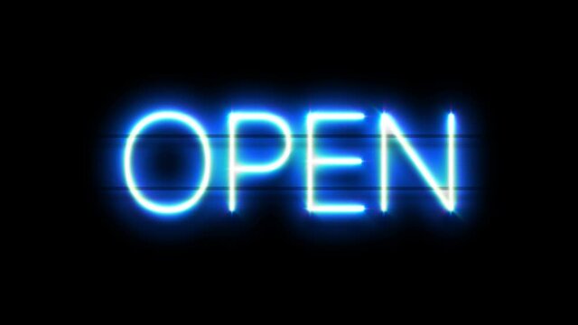 Open neon sign appear on black background.