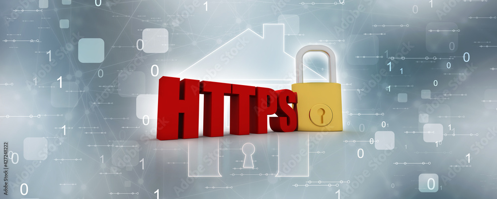 Poster 3d illustration network community concept . lock with http sign