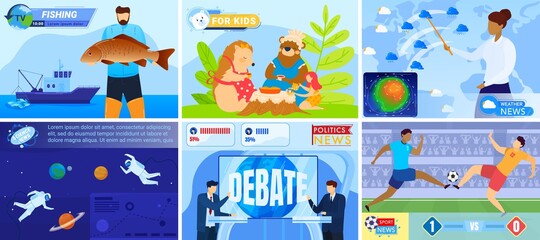 Different news channels, stream internet media broadcasting, background different frames on screen, cartoon, vector illustration.