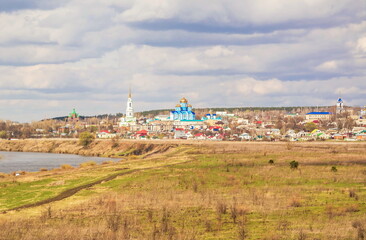 Landscape with a view of the Don River and the ancient city with churches and monasteries Zadonsk