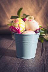 Spring flowers and easter eggs. Happy Easter Background