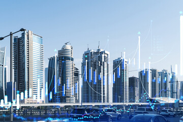 Cityscape skyscrapers of downtown, UAE. Modern skyline of the capital of the Emirate of Dubai. Center of international trading of Western Asia. Traffic. FOREX graph and chart concept. Double exposure
