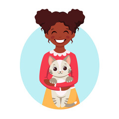 Cute black girl holding a cat in her hands. Girl with pet. Vector illustration
