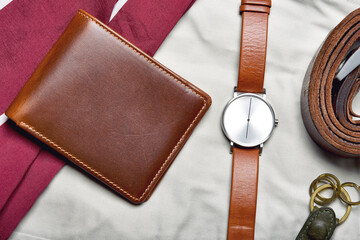 Men fashion and accessories, Wrist watch with brown leather strap, Stylish men stuff, Fashion watch with wallet and belt.