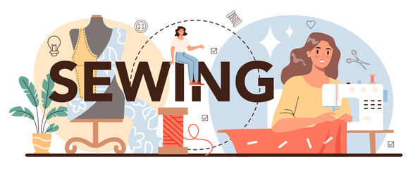 Sewing typographic header. Professional tailor sewing or fitting clothes.